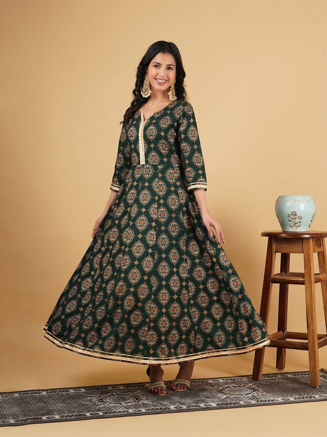 god bless green ethnic motifs ethnic rayon maxi dress