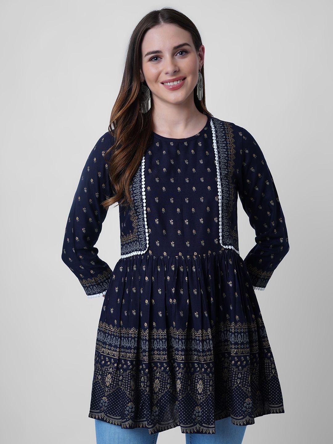 god bless navy blue & gold-toned printed with lace details top