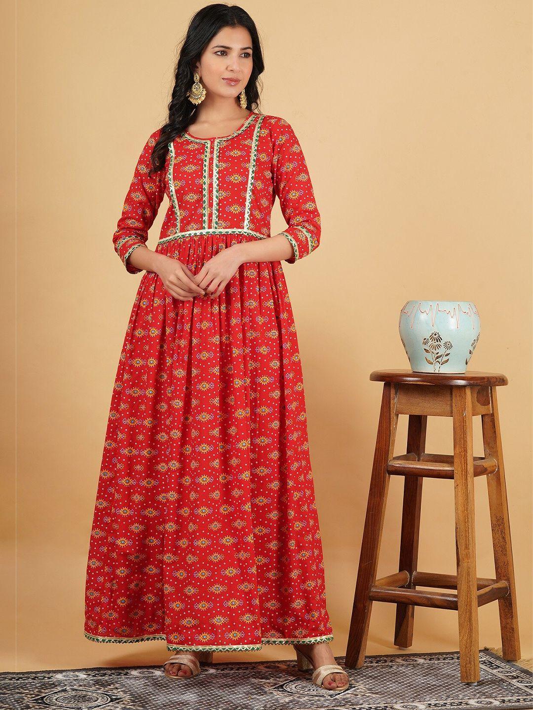 god bless red floral printed cotton ethnic maxi dress