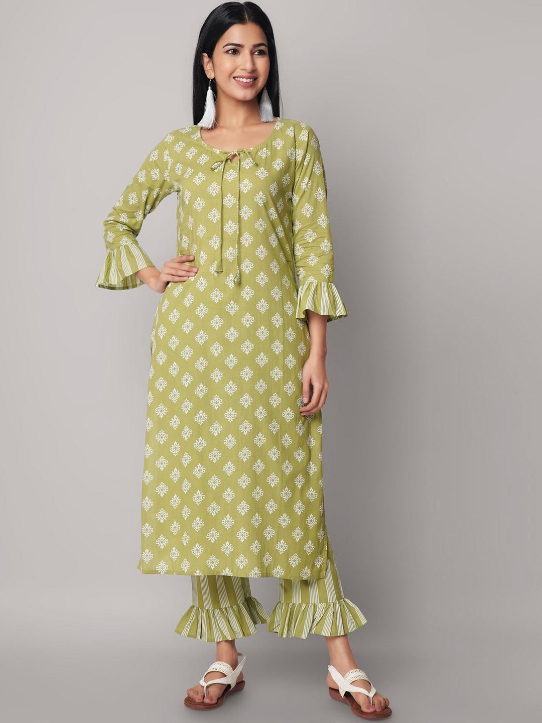 god bless women olive green ethnic motifs printed pure cotton kurta with trousers