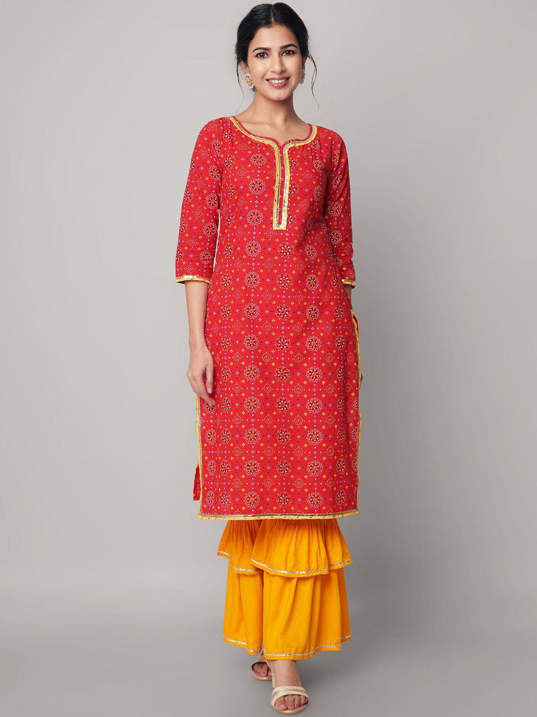 god bless women red ethnic motifs printed layered gotta patti kurta with sharara