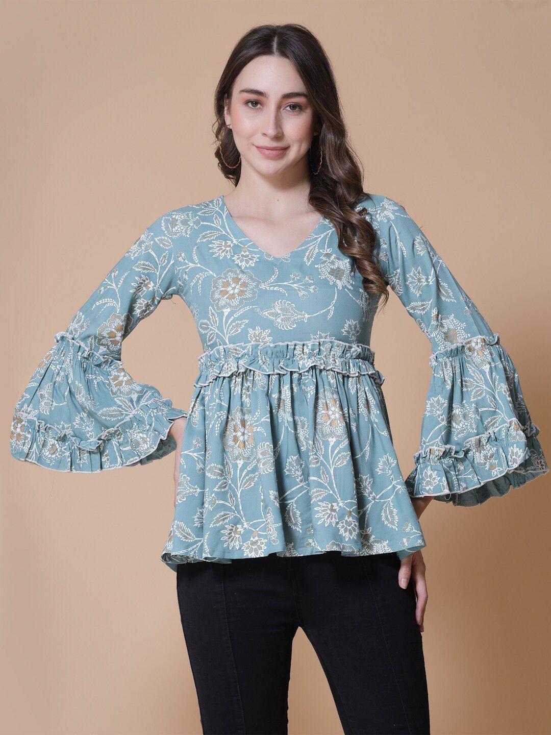 god bless floral printed bell sleeve ruffled empire top