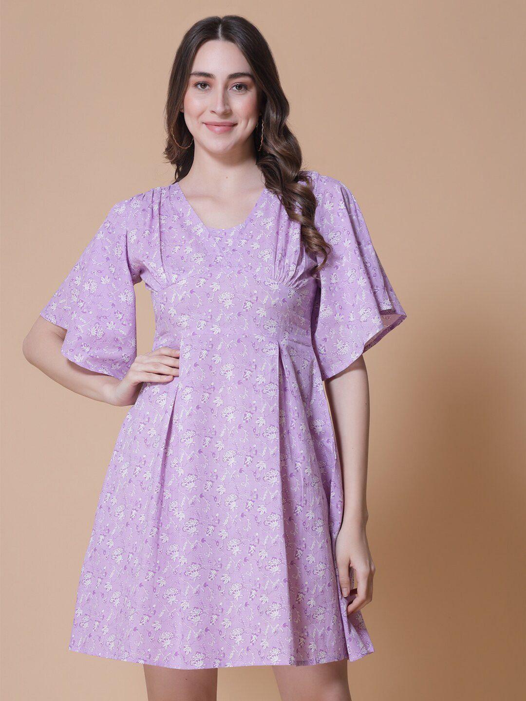 god bless floral printed v-neck flared sleeve gathered pure cotton fit & flare dress
