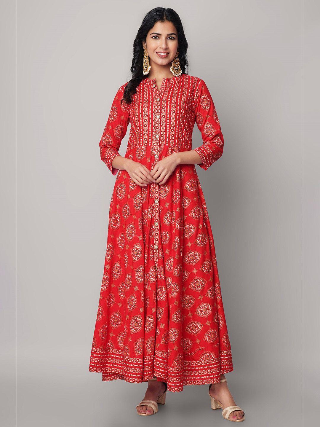 god bless red & gold-toned ethnic motifs printed rayon ethnic maxi dress