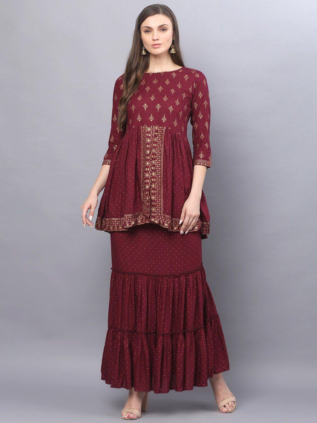 god bless women maroon ethnic motifs printed co-ords set