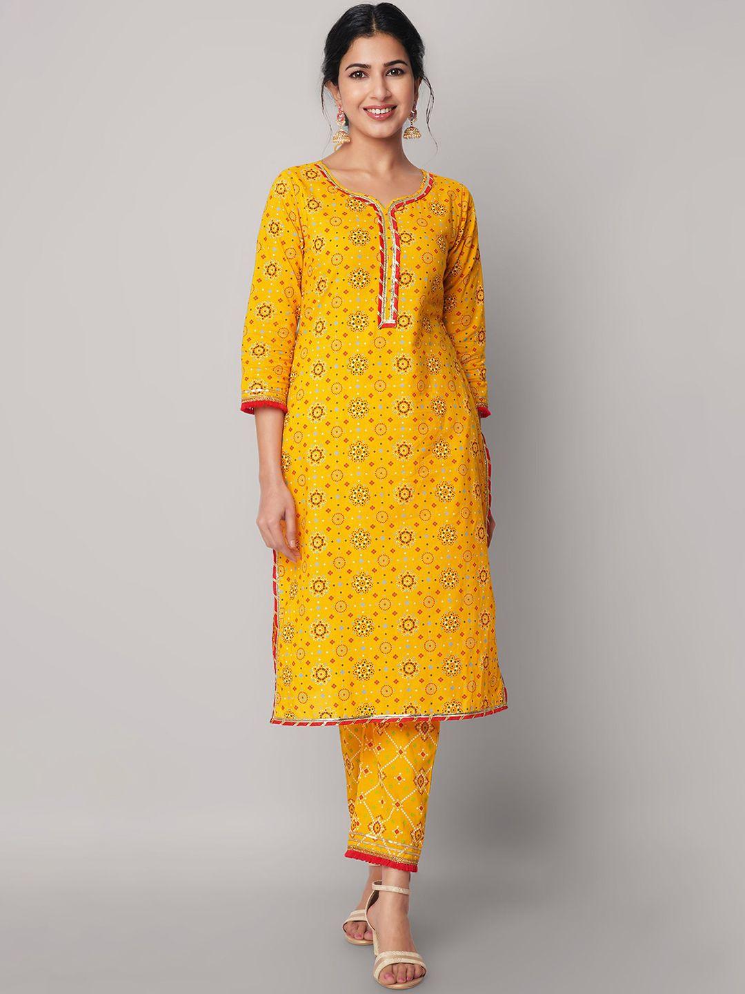 god bless women yellow bandhani printed gotta patti pure cotton kurta with trousers