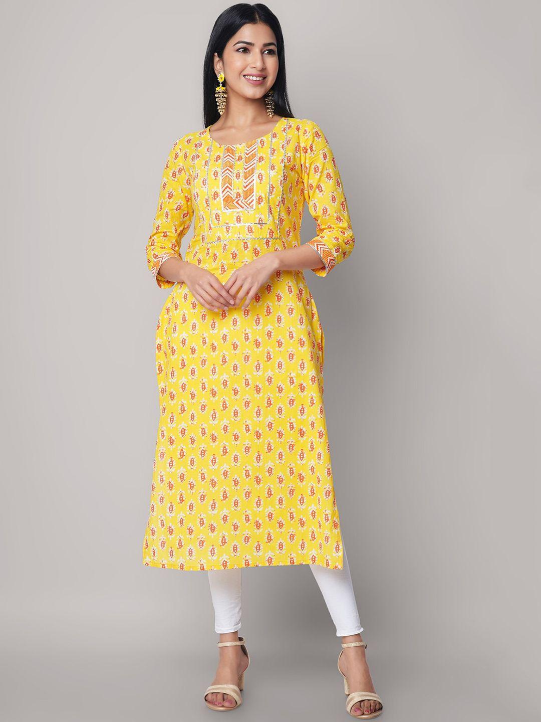 god bless women yellow geometric printed mirror work kurta