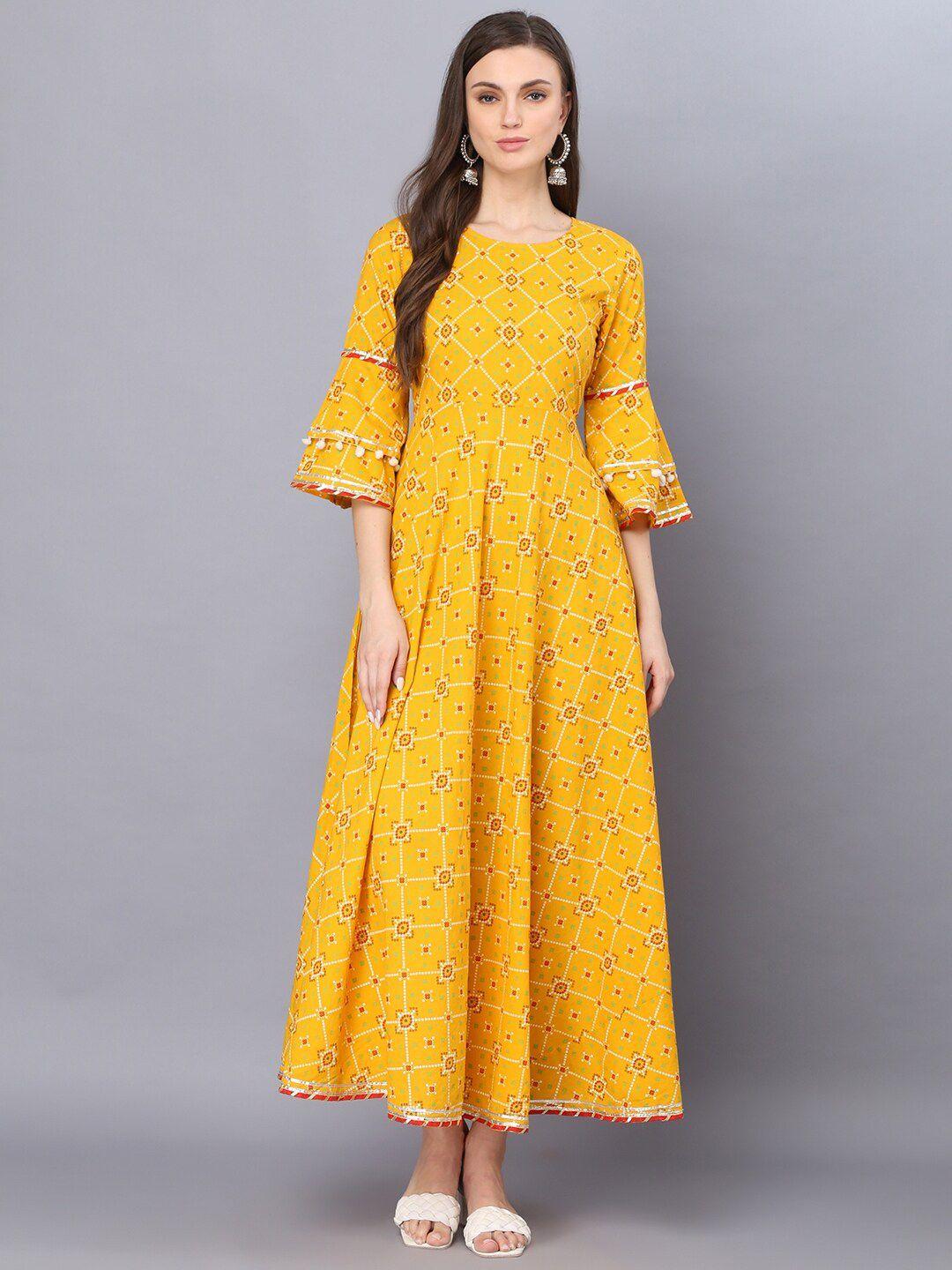 god bless yellow & gold-toned bandhani rayon ethnic maxi dress