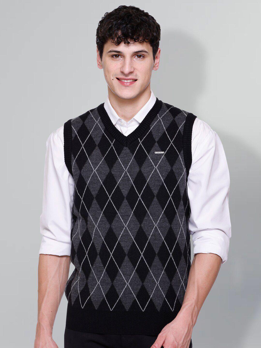 godfrey men black & white printed woollen sweater vest