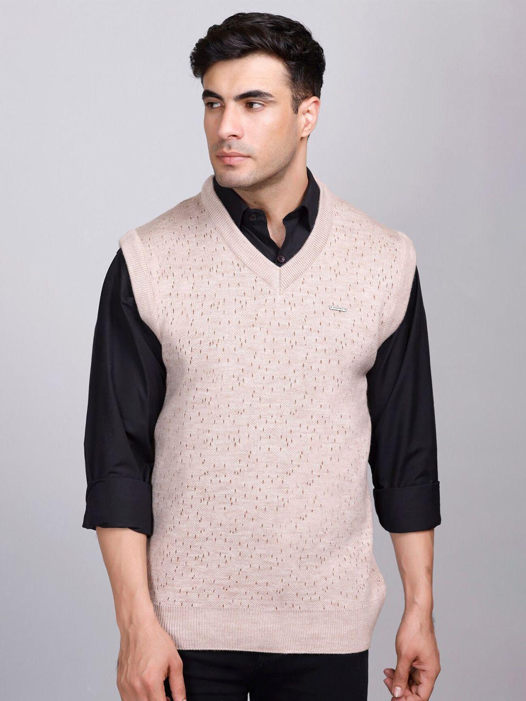 godfrey geometric self design v-neck sleeveless woollen sweater vest