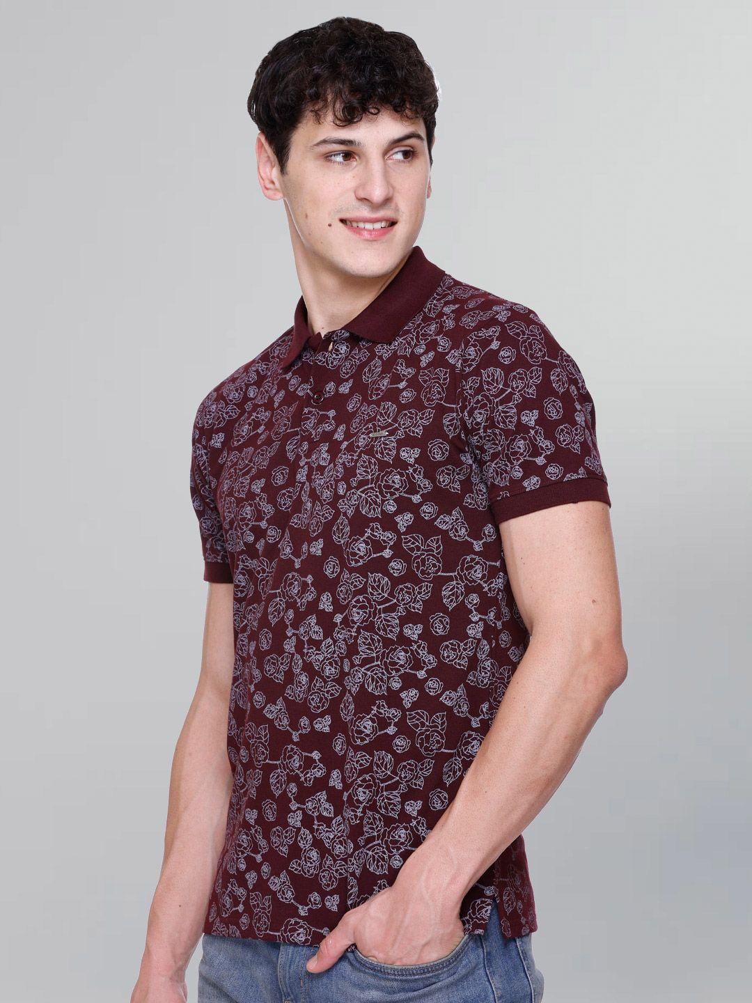 godfrey men burgundy floral mandarin collar pockets t-shirt