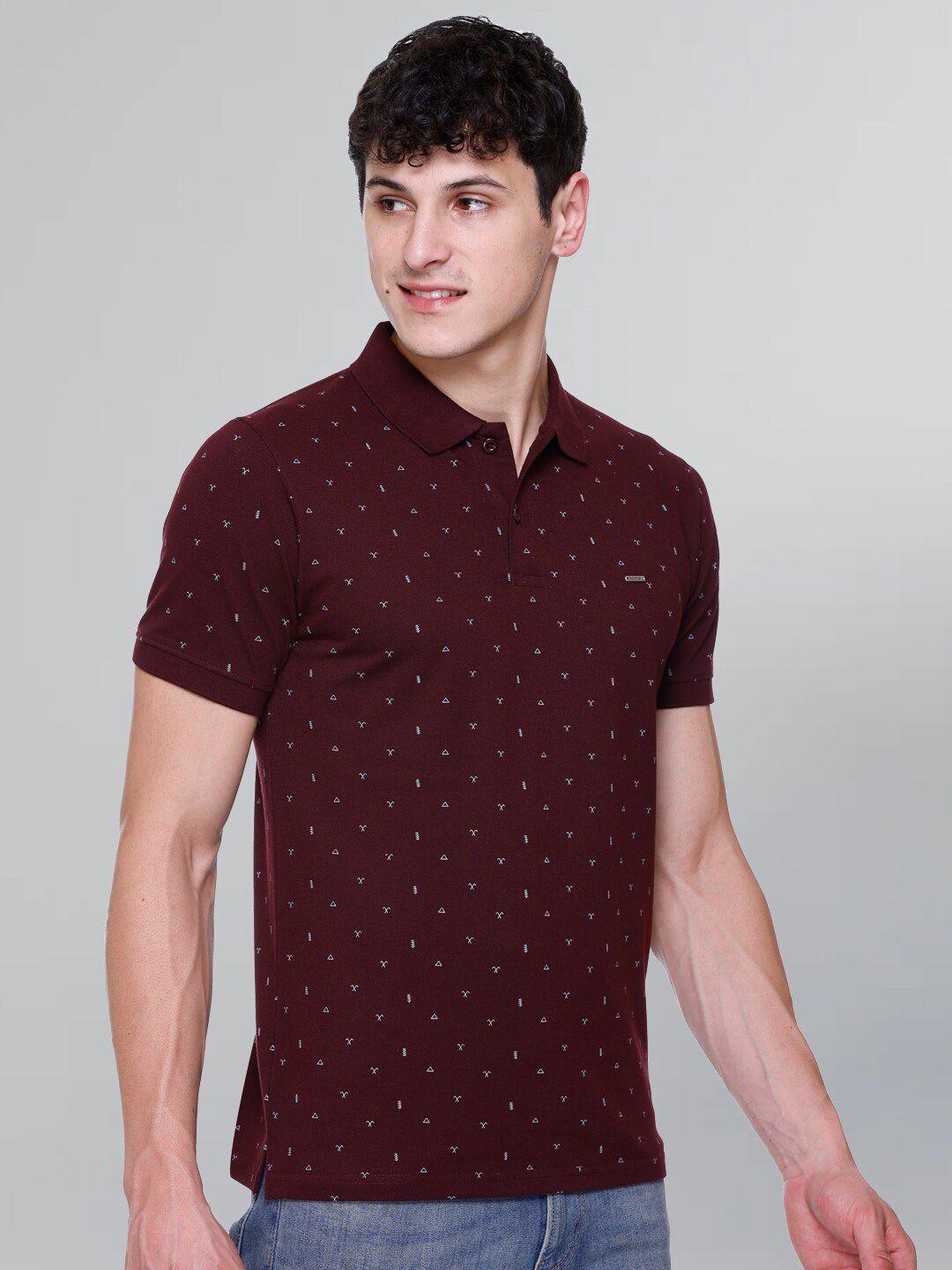 godfrey men burgundy printed polo collar pockets t-shirt