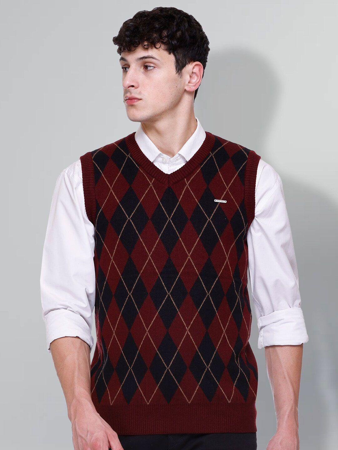 godfrey men maroon & black printed woollen sweater vest