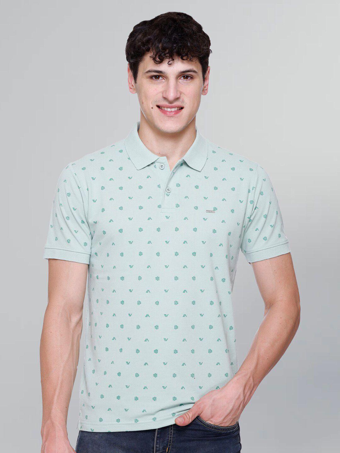 godfrey men sea green polka dot printed polo collar t-shirt