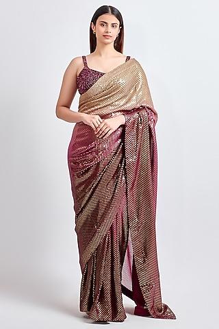 gold & plum sequins georgette ombre dyed saree set