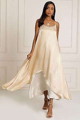 gold & silver silk satin hand embroidered two-tone asymmetric dress
