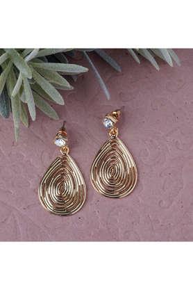 gold designer earrings with cz stone and layered leaf danglers for women