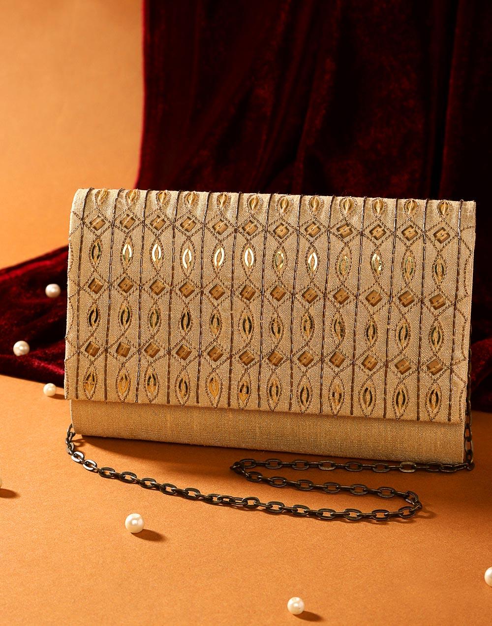 gold fabric hand embroidered clutch