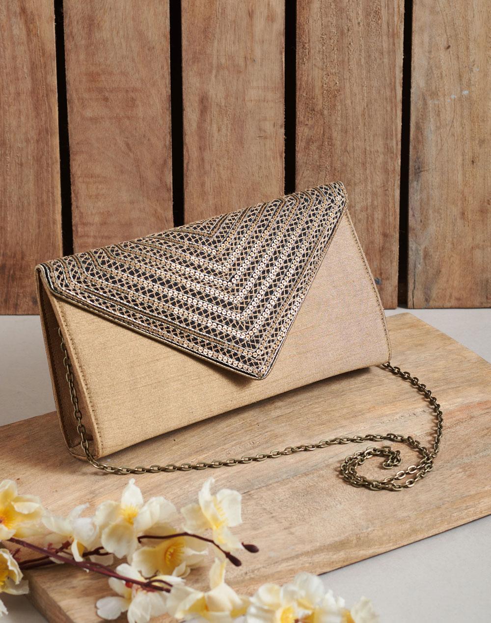 gold fabric sequence embroidered clutch