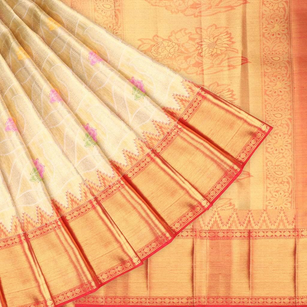 gold kanjivaram silk saree with floral pattern