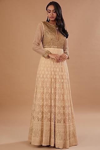 gold lucknowi chikankari hand embroidered gown