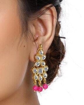 gold plated pink beads kundan dangler earrings for women