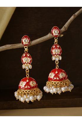 gold plated red kundan jhumkas earrings