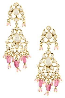 gold plated silver lotus pearl white pink glass apsara earrings