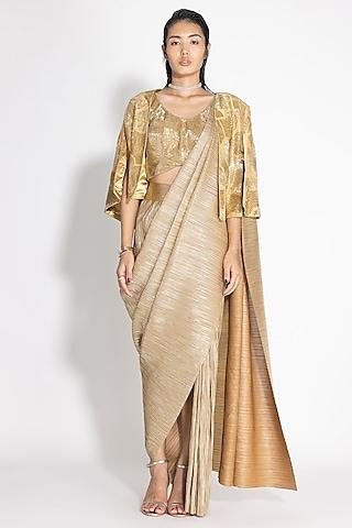 gold pleated metallic & silk jacket saree set