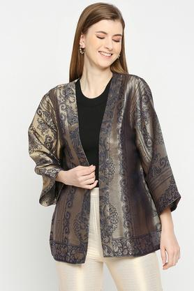 gold print brocade relaxed fit women's casual jacket - navy