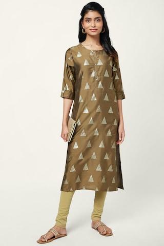 gold print ethnic round neck 3/4th sleeves calf-length women regular fit kurta