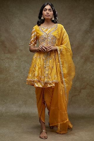 gold silk leheriya printed & hand embroidered kurta set