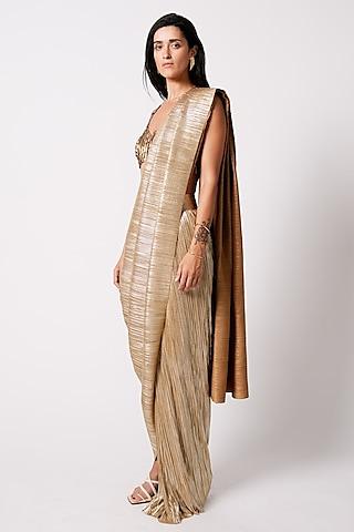 gold silk pleated metallic saree set