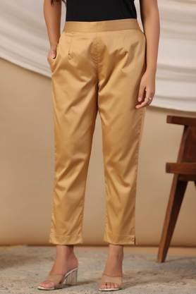 gold solid lycra women drawstring pants with single side pocket - gold