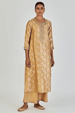 gold yellow banarasi silk marodi embroidered kurta set