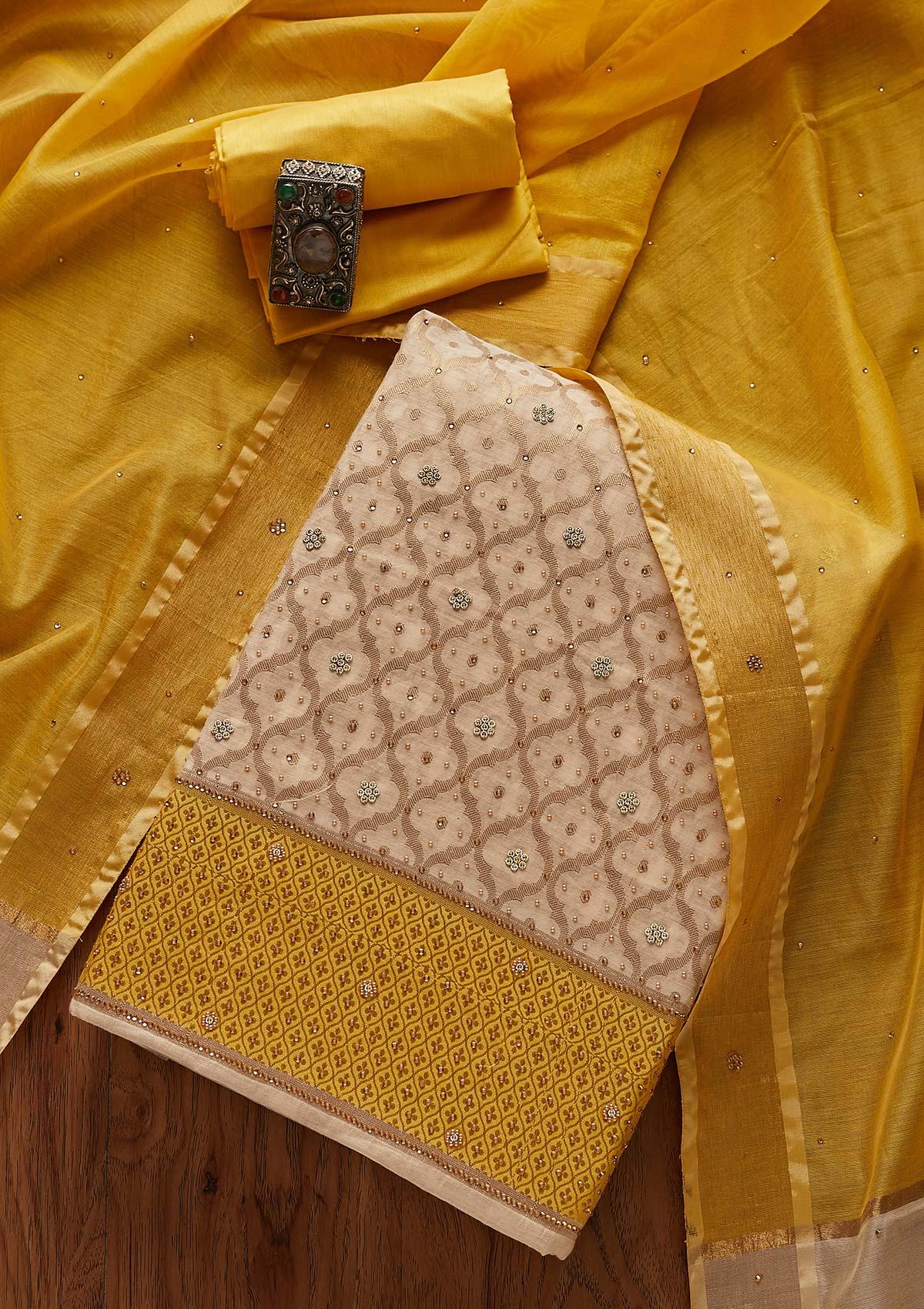 gold zariwork brocade unstitched salwar suit