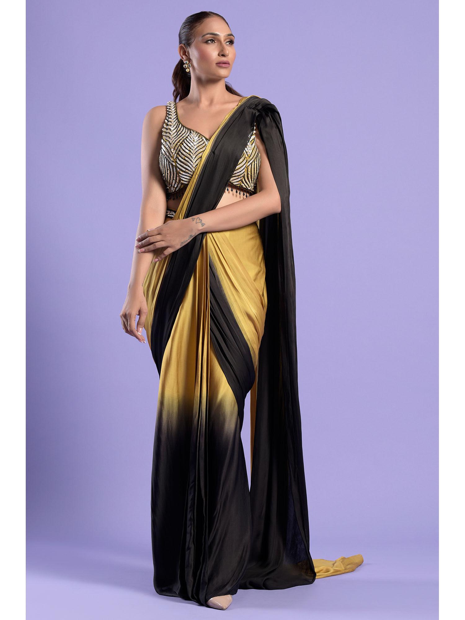 gold & black pre-stitched blouse with pre-draped saree