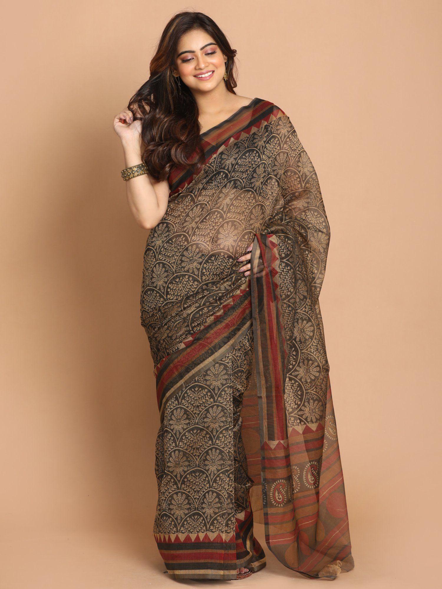 gold & black printed cotton blend saree with unstitched blouse