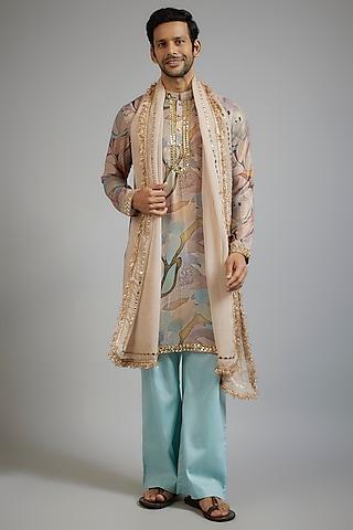 gold & blue shimmer georgette digital printed kurta set