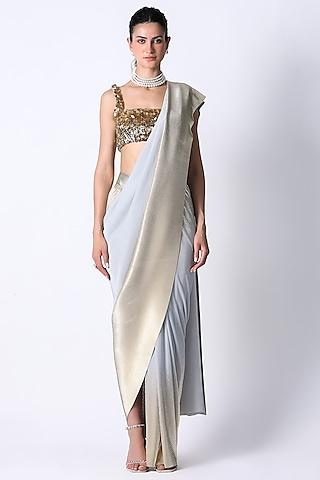 gold & ice blue silk ombre pre-draped saree set