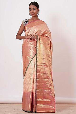 gold & peach embroidered handwoven saree set