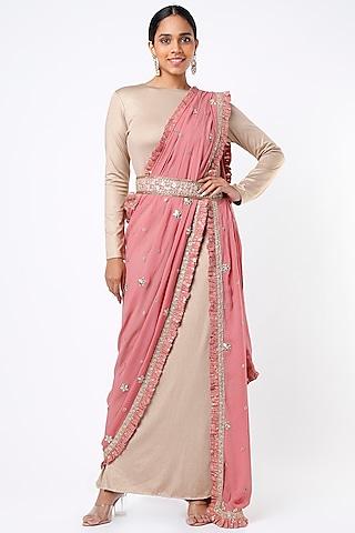 gold & pink hand embroidered gown saree