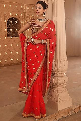 gold & red embroidered saree set