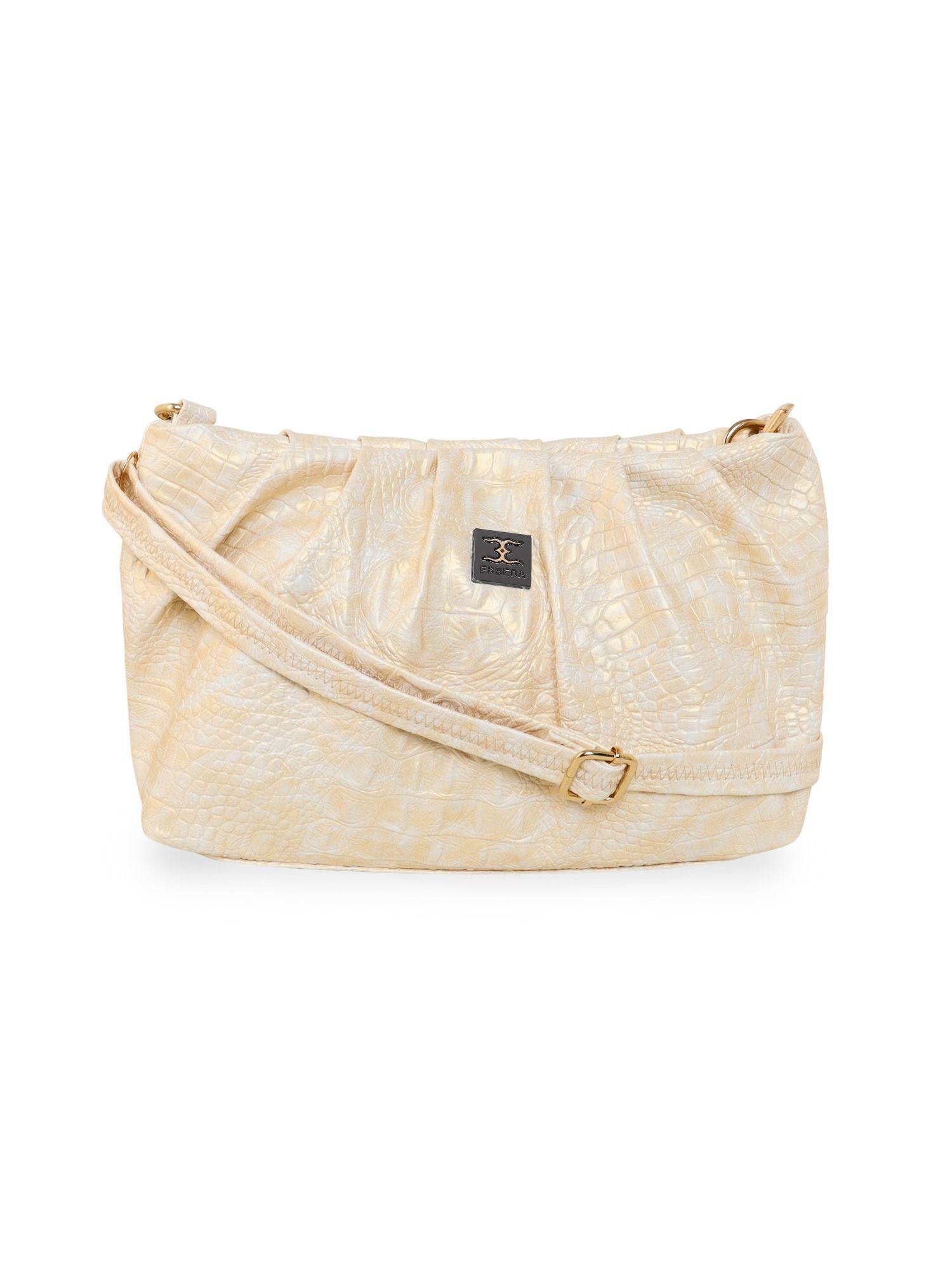 gold & white croco textured curly sling bag for women (m)