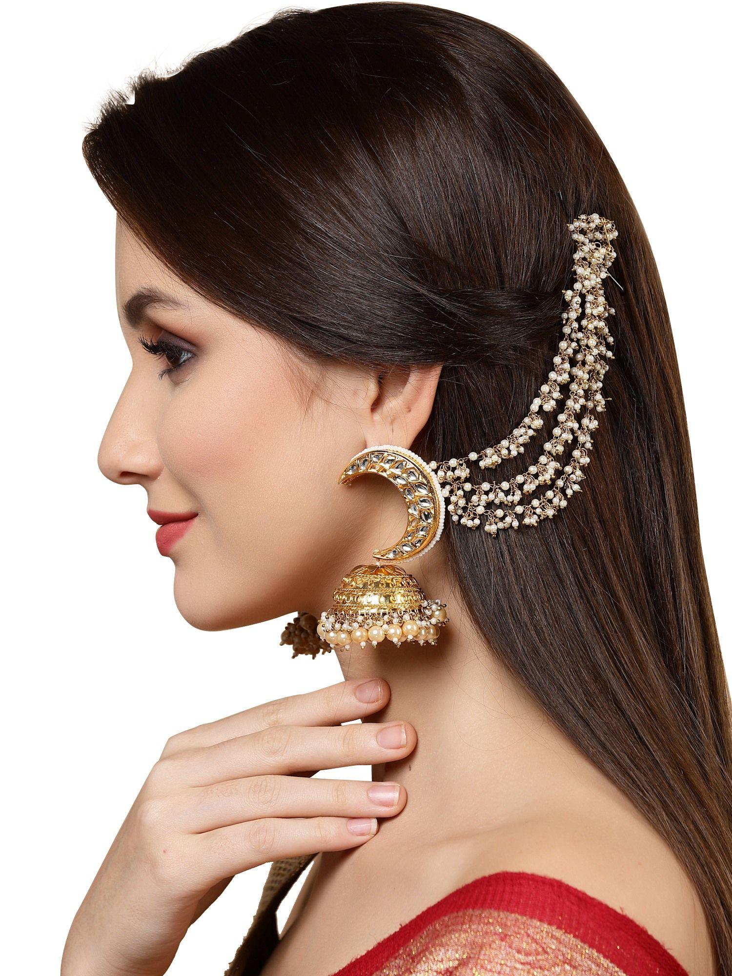 gold & white jhumkas earring with kundan & pearls (set of 2)