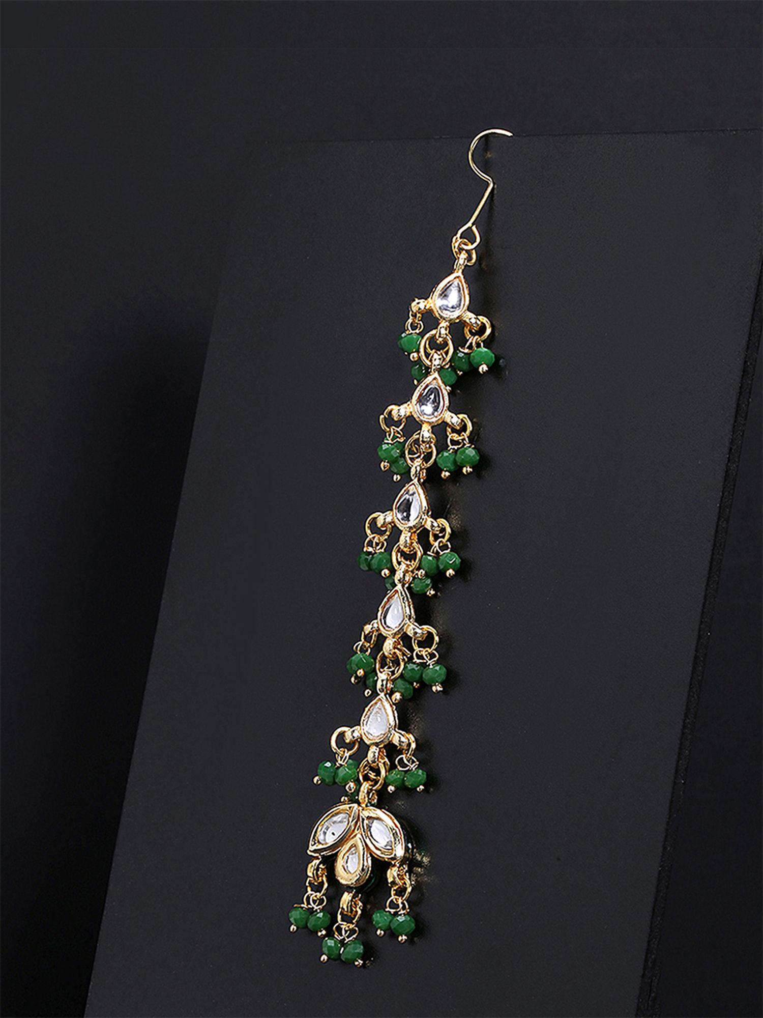 gold - toned green beads handcrafted kundan studded maang tikka