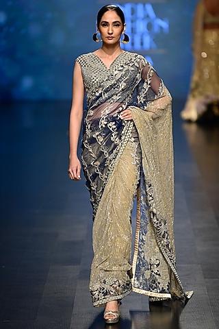 gold and deep blue crinkled saree