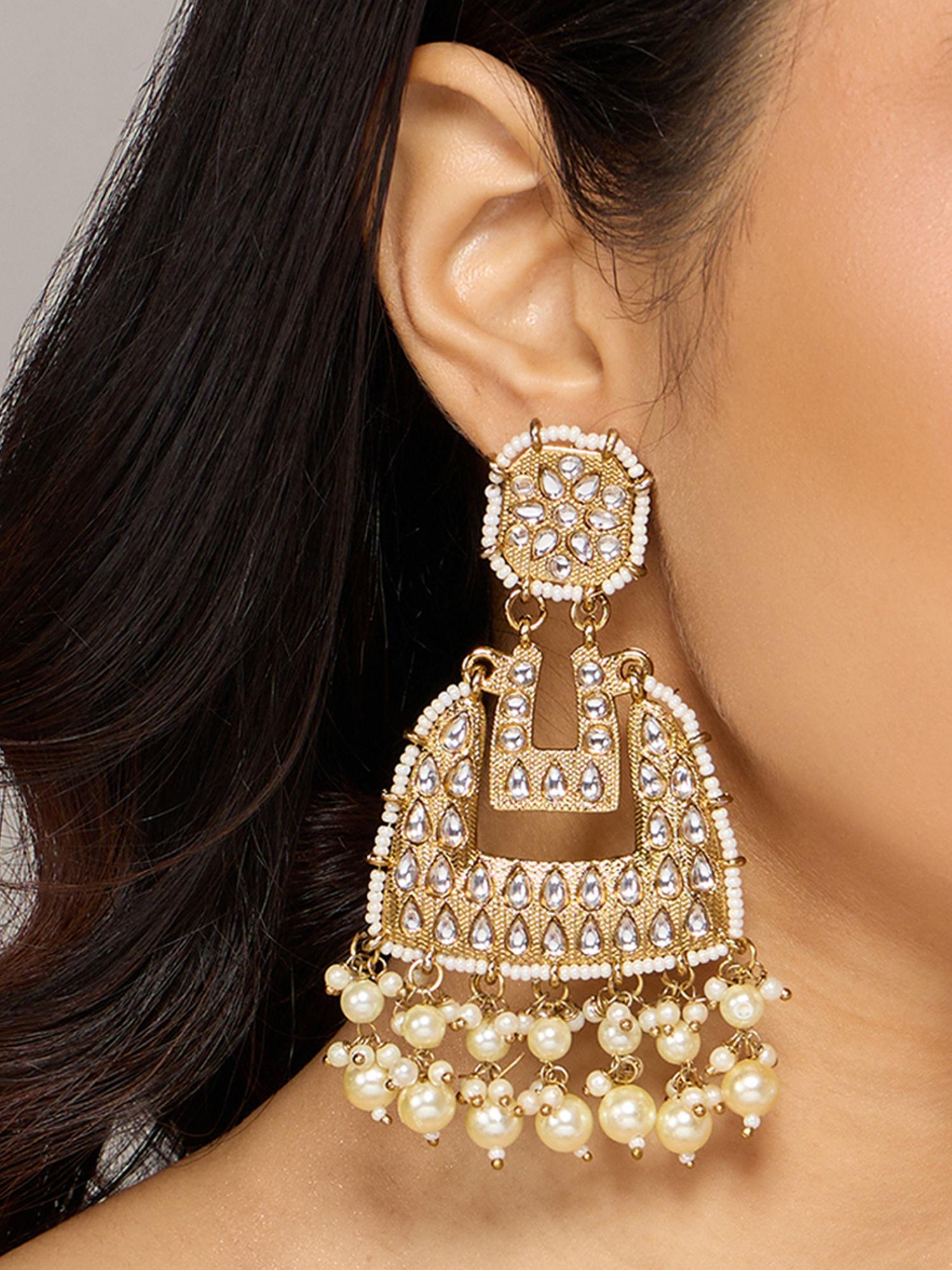 gold and off white traditional bead and rhinestone drop earrings