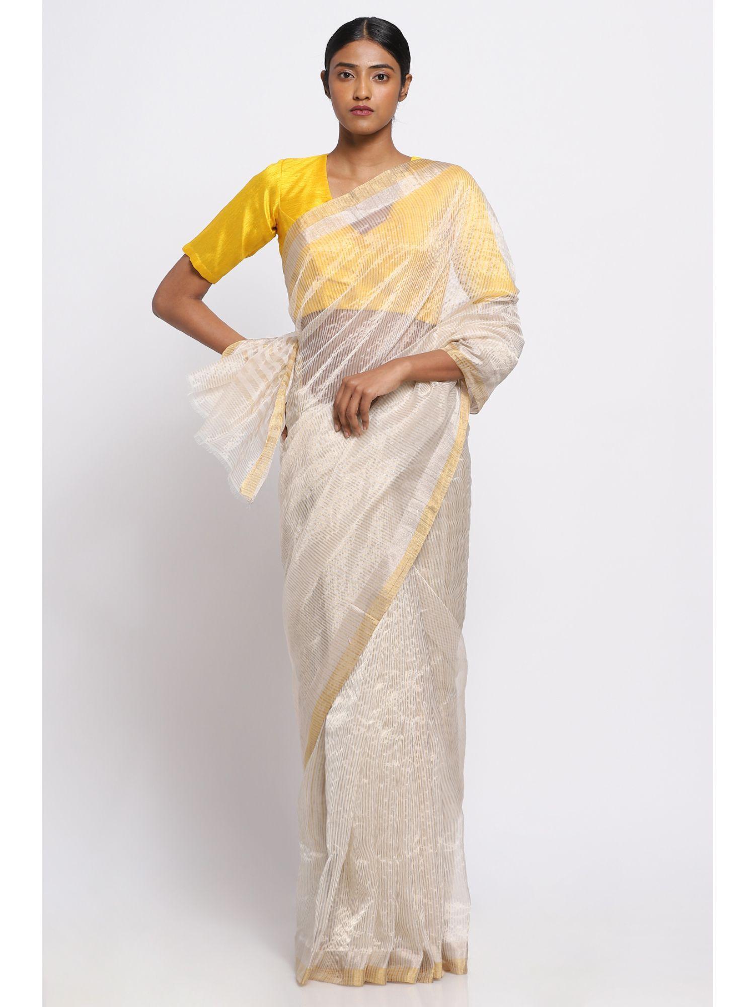 gold and silver striped silk chanderi saree with unstitched blouse