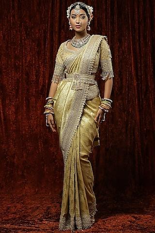 gold banarasi embroidered saree set